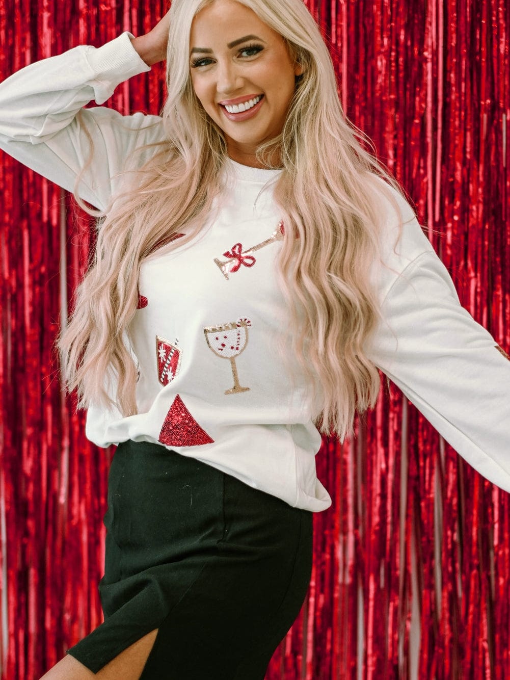 Beige Sequin Cheers Wineglass Christmas Graphic Sweatshirt