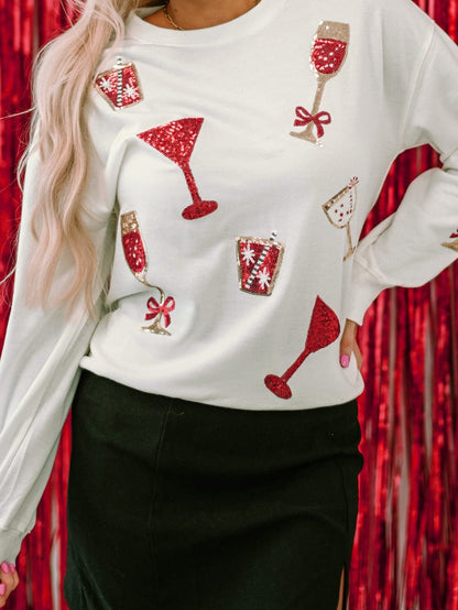 Beige Sequin Cheers Wineglass Christmas Graphic Sweatshirt
