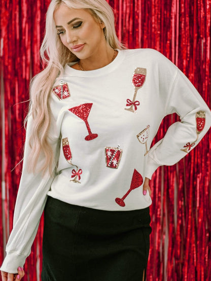 Beige Sequin Cheers Wineglass Christmas Graphic Sweatshirt