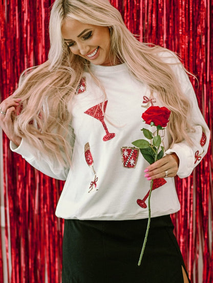Beige Sequin Cheers Wineglass Christmas Graphic Sweatshirt