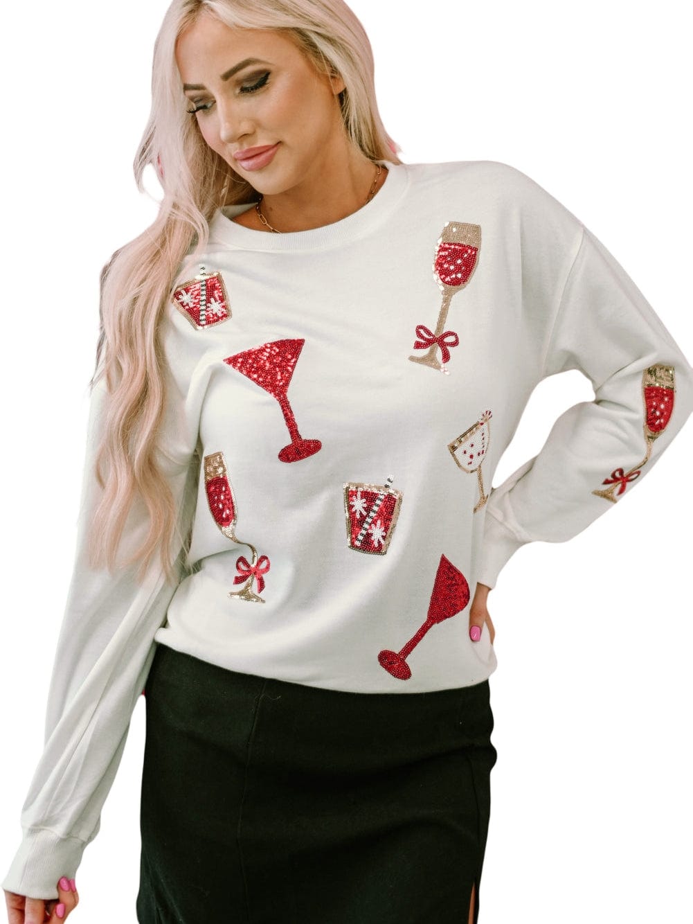 Beige Sequin Cheers Wineglass Christmas Graphic Sweatshirt