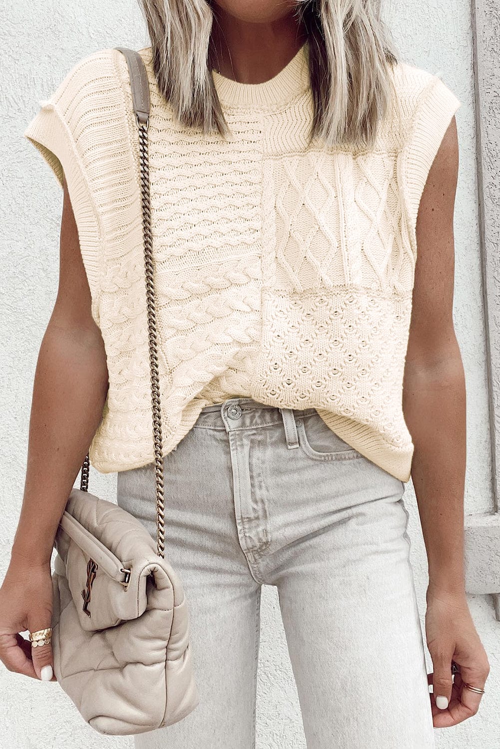 Beige Slouchy Cable Knit Dolman Sleeveless Sweater Vest