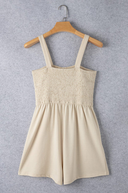 Beige Smocked Button Detail Sleeveless Romper