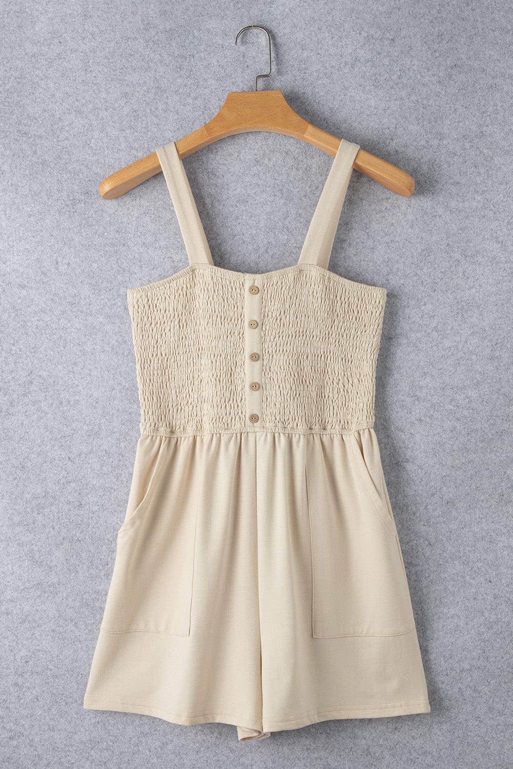 Beige Smocked Button Detail Sleeveless Romper