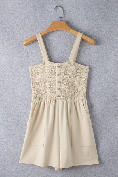 Beige Smocked Button Detail Sleeveless Romper