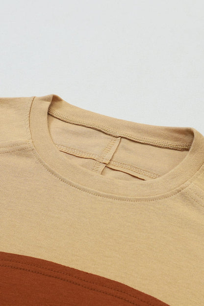 Beige Striped Bishop Sleeve Top with Colorblock Detail