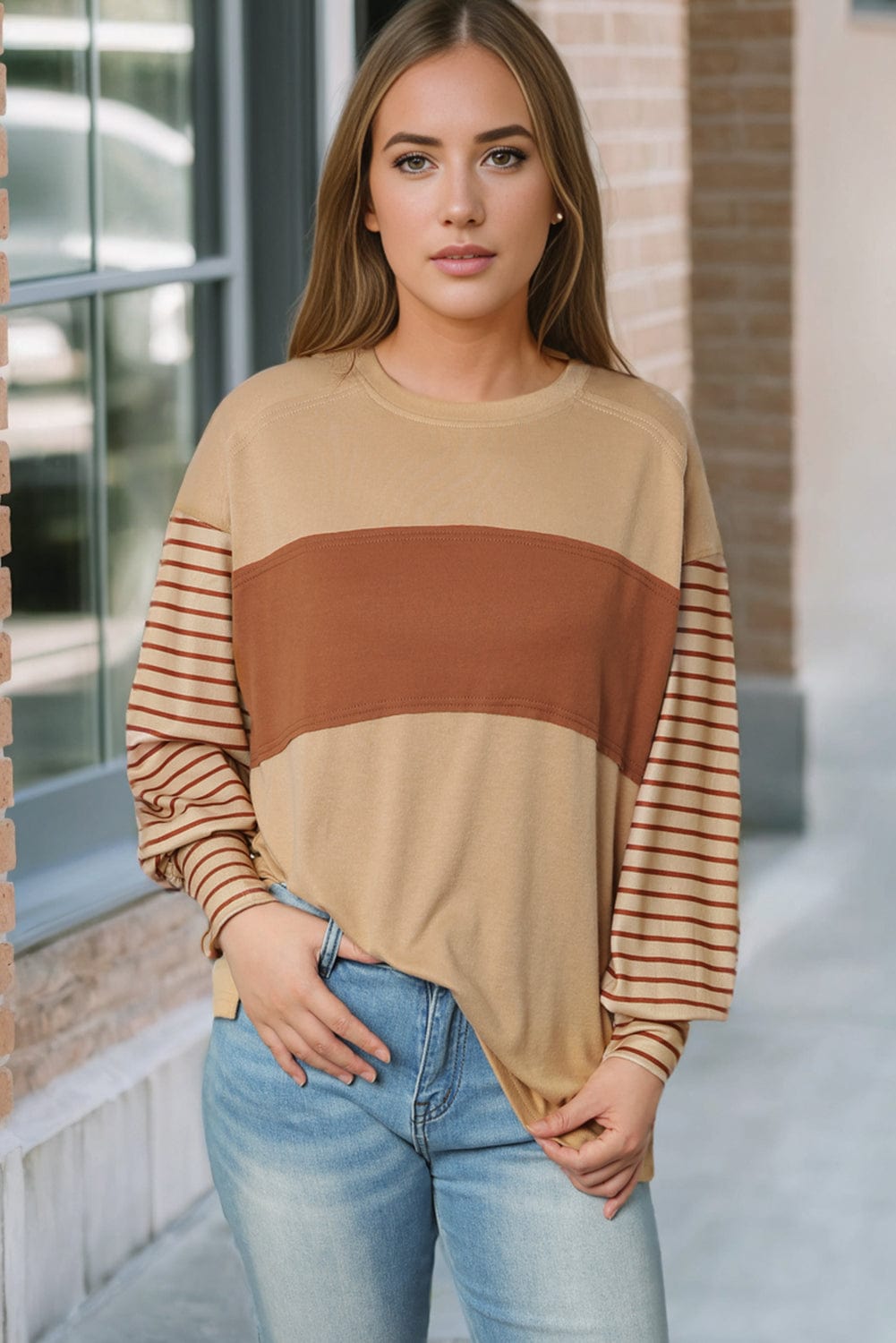 Beige Striped Bishop Sleeve Top with Colorblock Detail