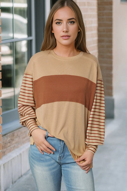 Beige Striped Bishop Sleeve Top with Colorblock Detail
