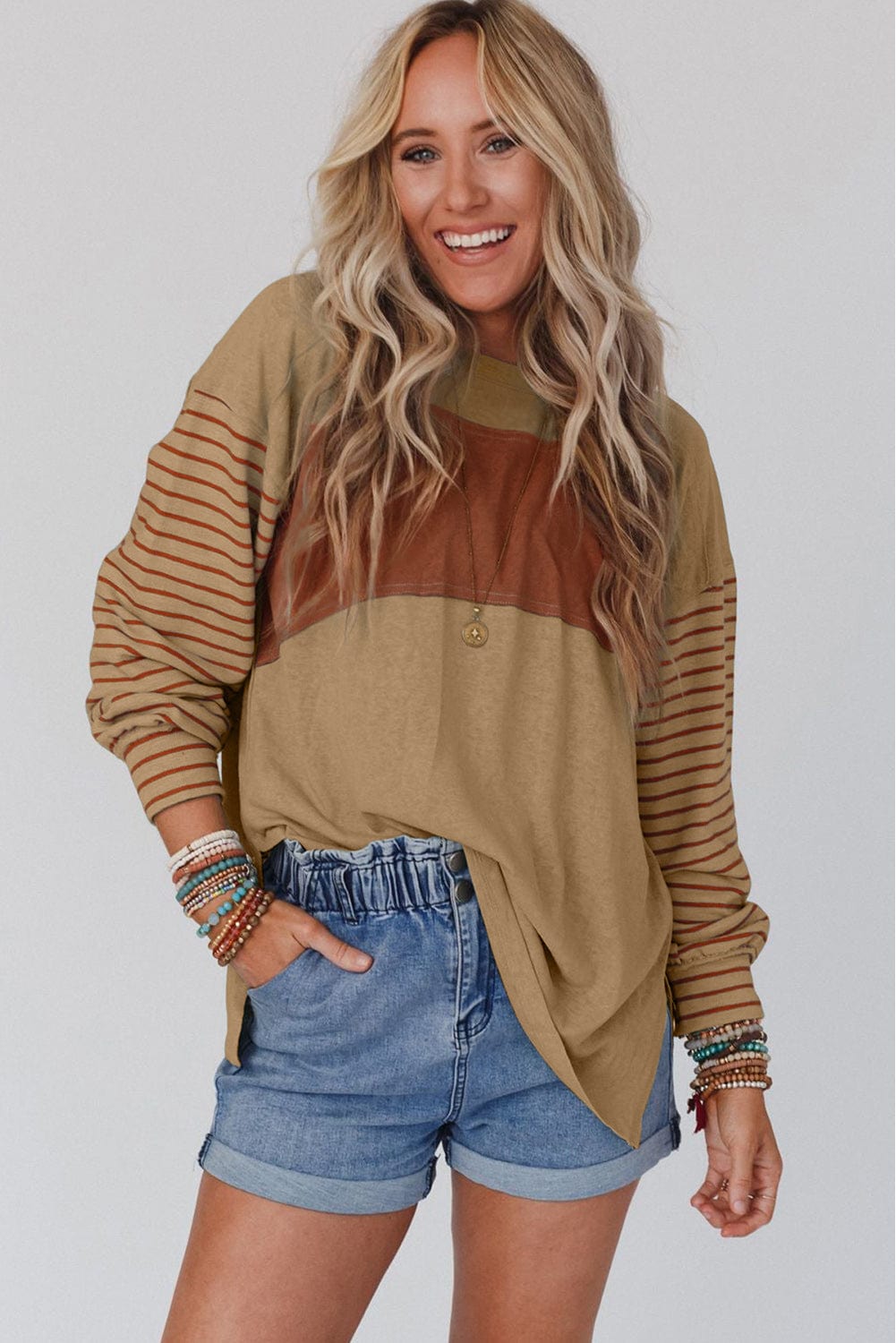 Beige Striped Bishop Sleeve Top with Colorblock Detail