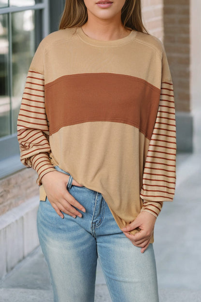 Beige Striped Bishop Sleeve Top with Colorblock Detail