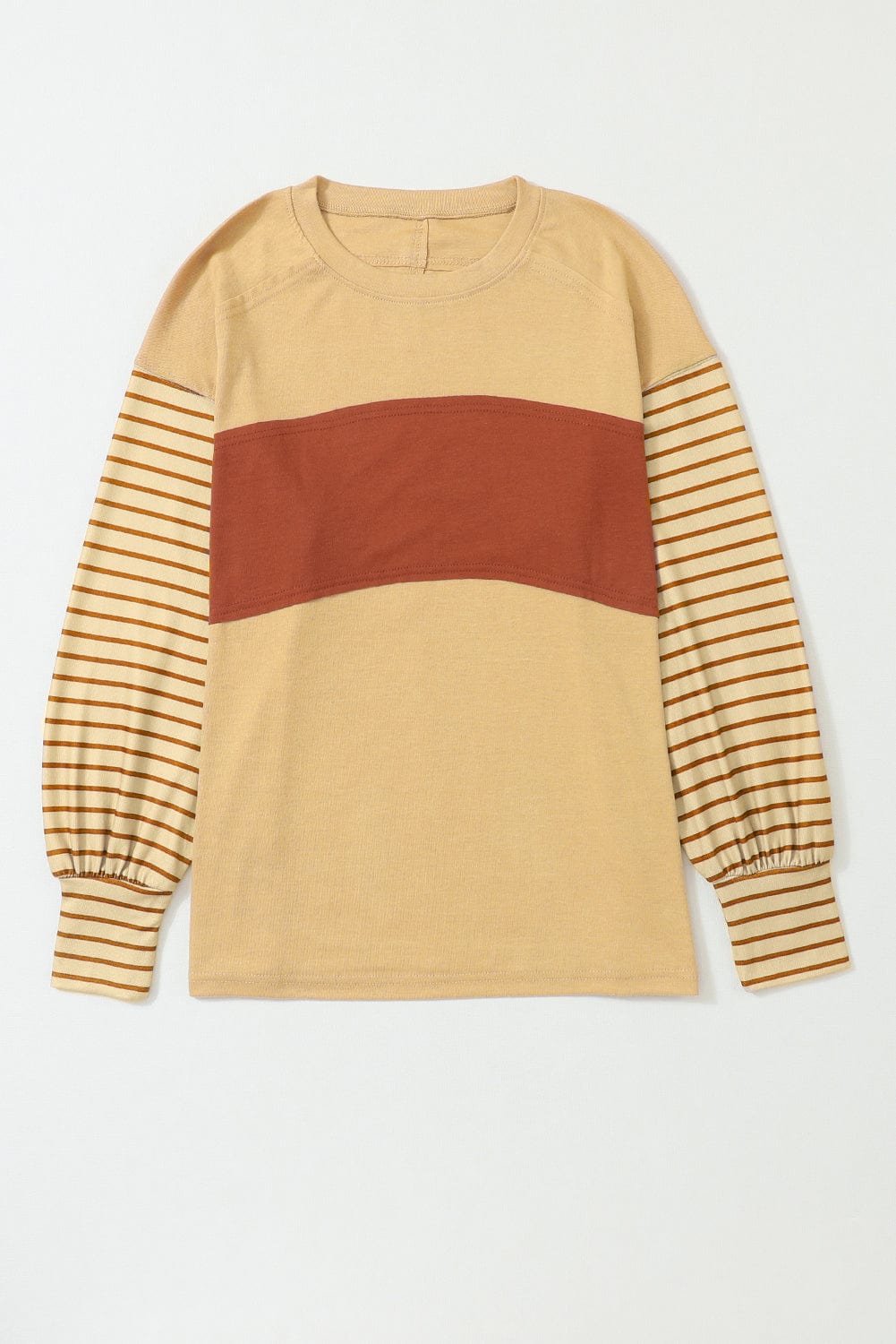 Beige Striped Bishop Sleeve Top with Colorblock Detail
