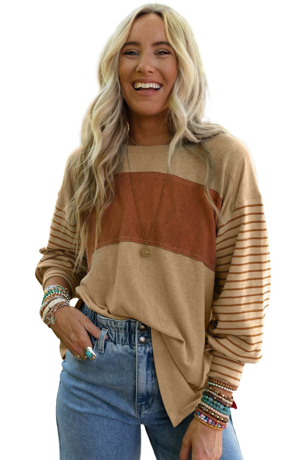 Beige Striped Bishop Sleeve Top with Colorblock Detail