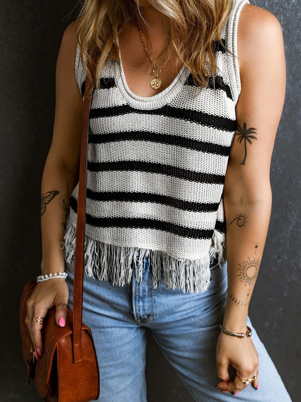 Beige Striped Fringe Detail Tank Top