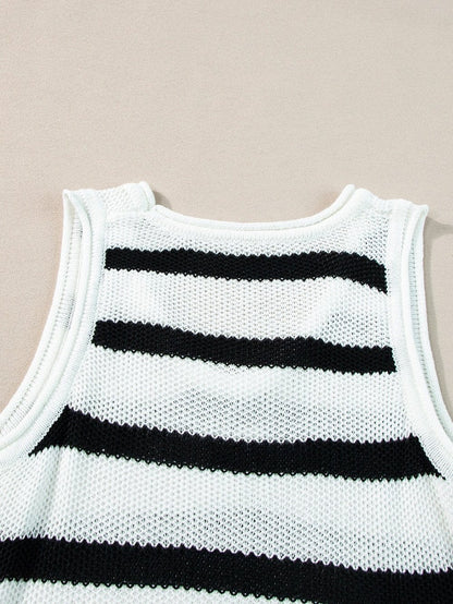 Beige Striped Fringe Detail Tank Top