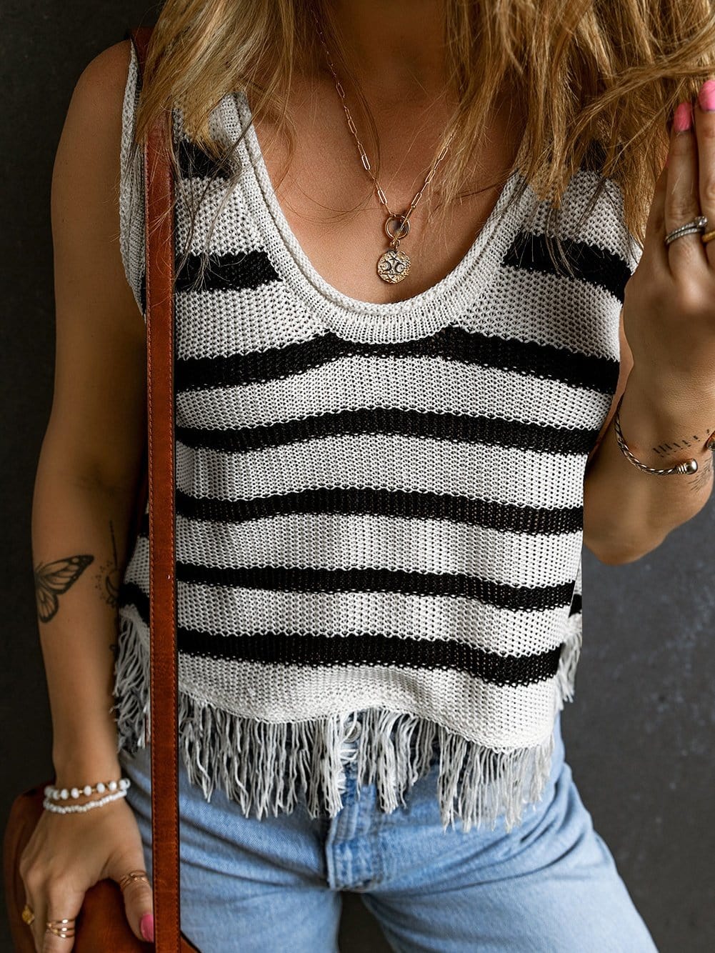 Beige Striped Fringe Detail Tank Top