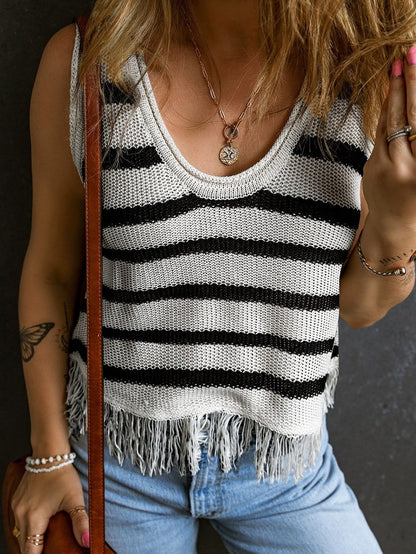 Beige Striped Fringe Detail Tank Top
