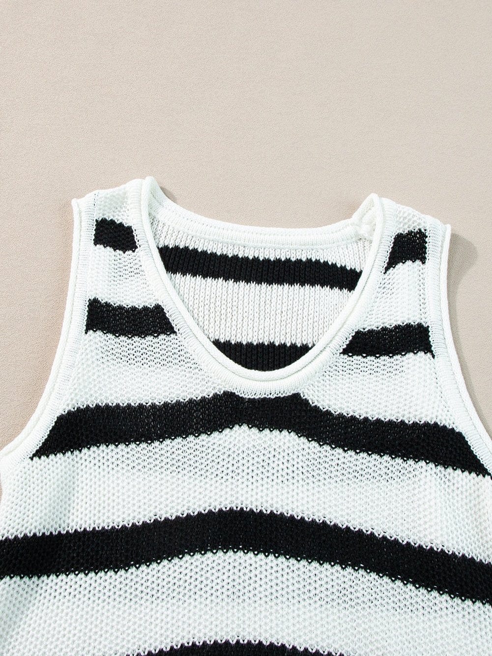 Beige Striped Fringe Detail Tank Top