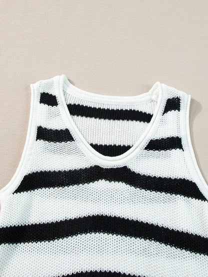 Beige Striped Fringe Detail Tank Top