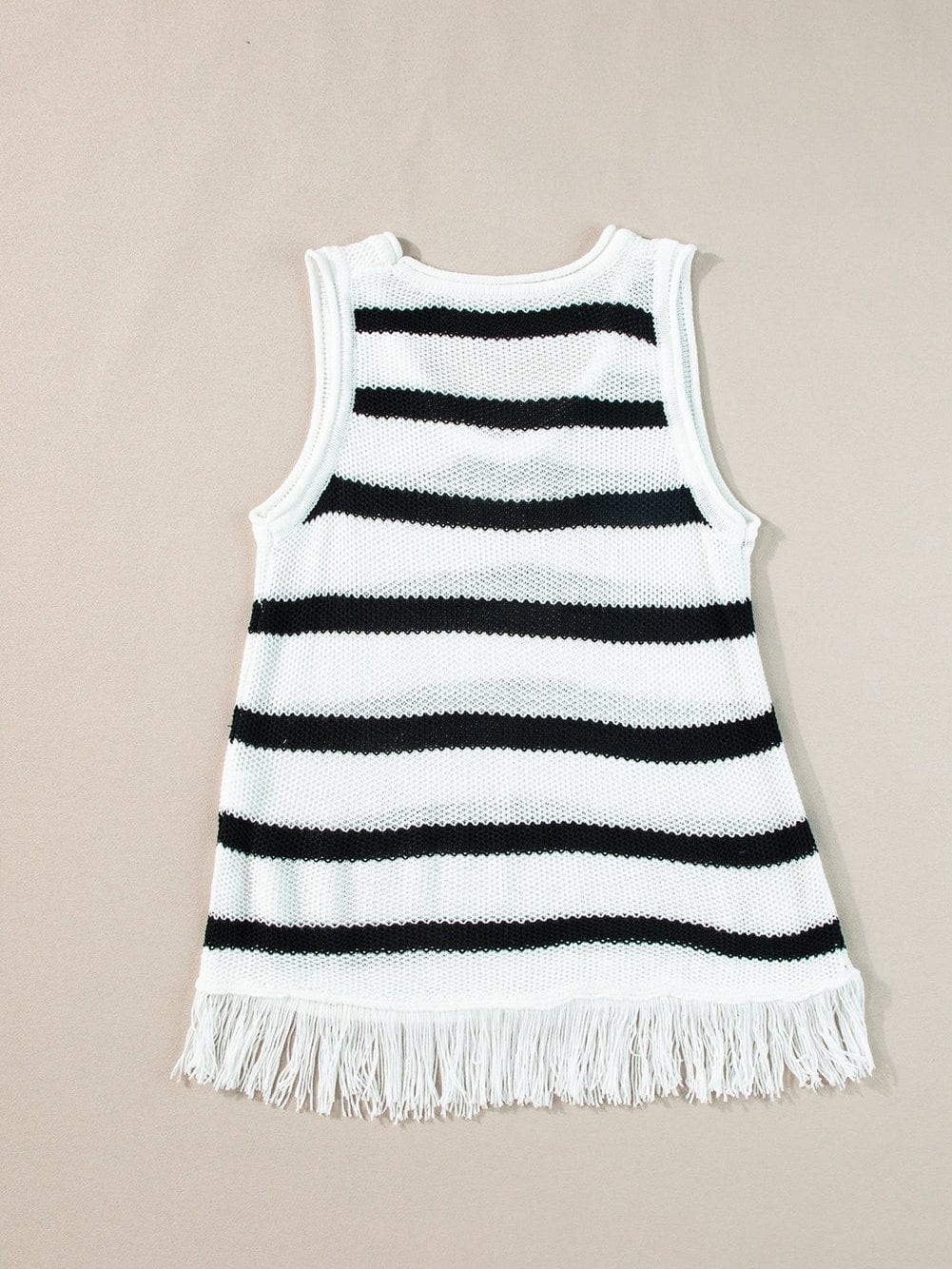 Beige Striped Fringe Detail Tank Top