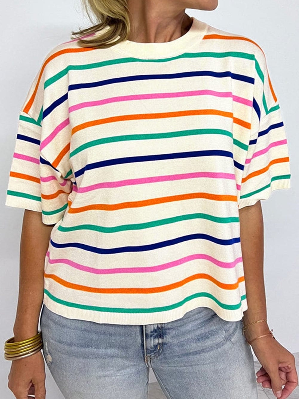 Beige Striped Loose-Fit Round Neck Knit Top with Short Dolman Sleeves