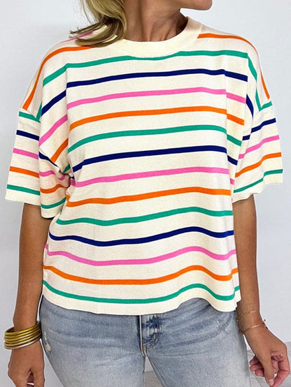 Beige Striped Loose-Fit Round Neck Knit Top with Short Dolman Sleeves