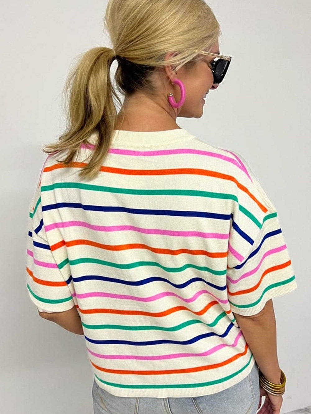 Beige Striped Loose-Fit Round Neck Knit Top with Short Dolman Sleeves