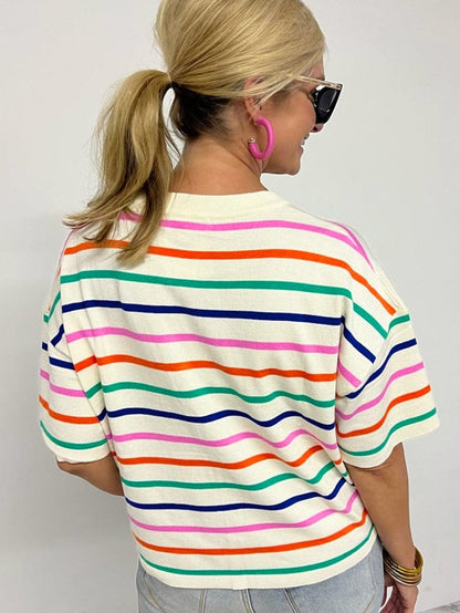Beige Striped Loose-Fit Round Neck Knit Top with Short Dolman Sleeves