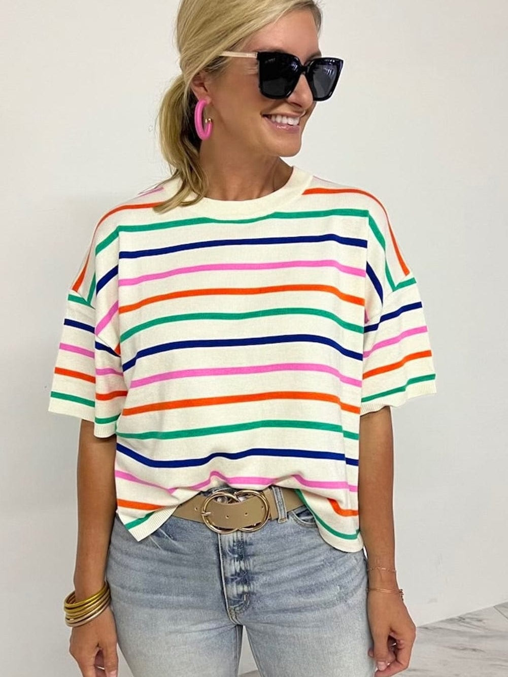 Beige Striped Loose-Fit Round Neck Knit Top with Short Dolman Sleeves