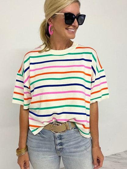 Beige Striped Loose-Fit Round Neck Knit Top with Short Dolman Sleeves