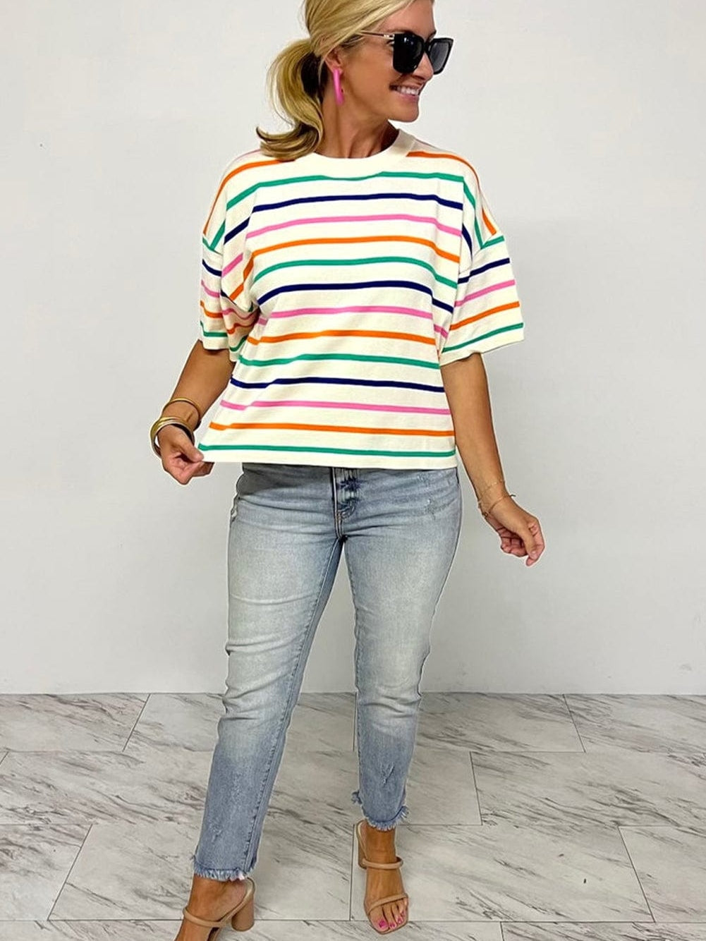 Beige Striped Loose-Fit Round Neck Knit Top with Short Dolman Sleeves