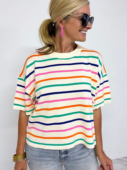 Beige Striped Loose-Fit Round Neck Knit Top with Short Dolman Sleeves