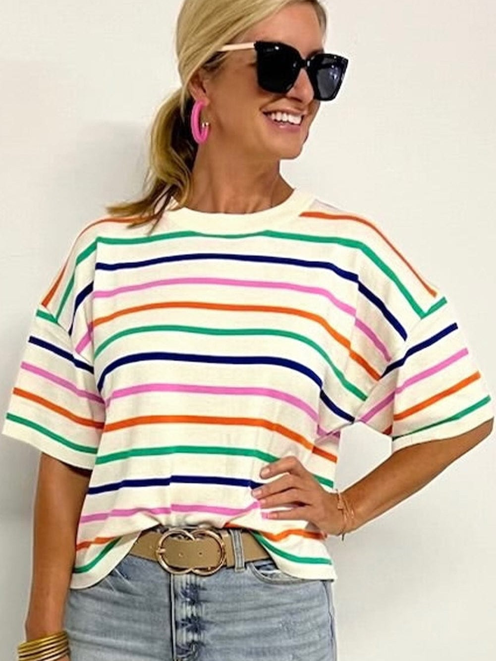Beige Striped Loose-Fit Round Neck Knit Top with Short Dolman Sleeves