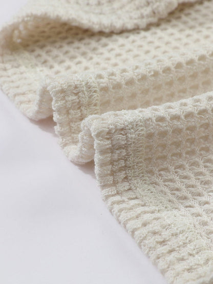 Beige Sunflower Mesh Bubble Sleeve Lace Detail Waffle Knit Top