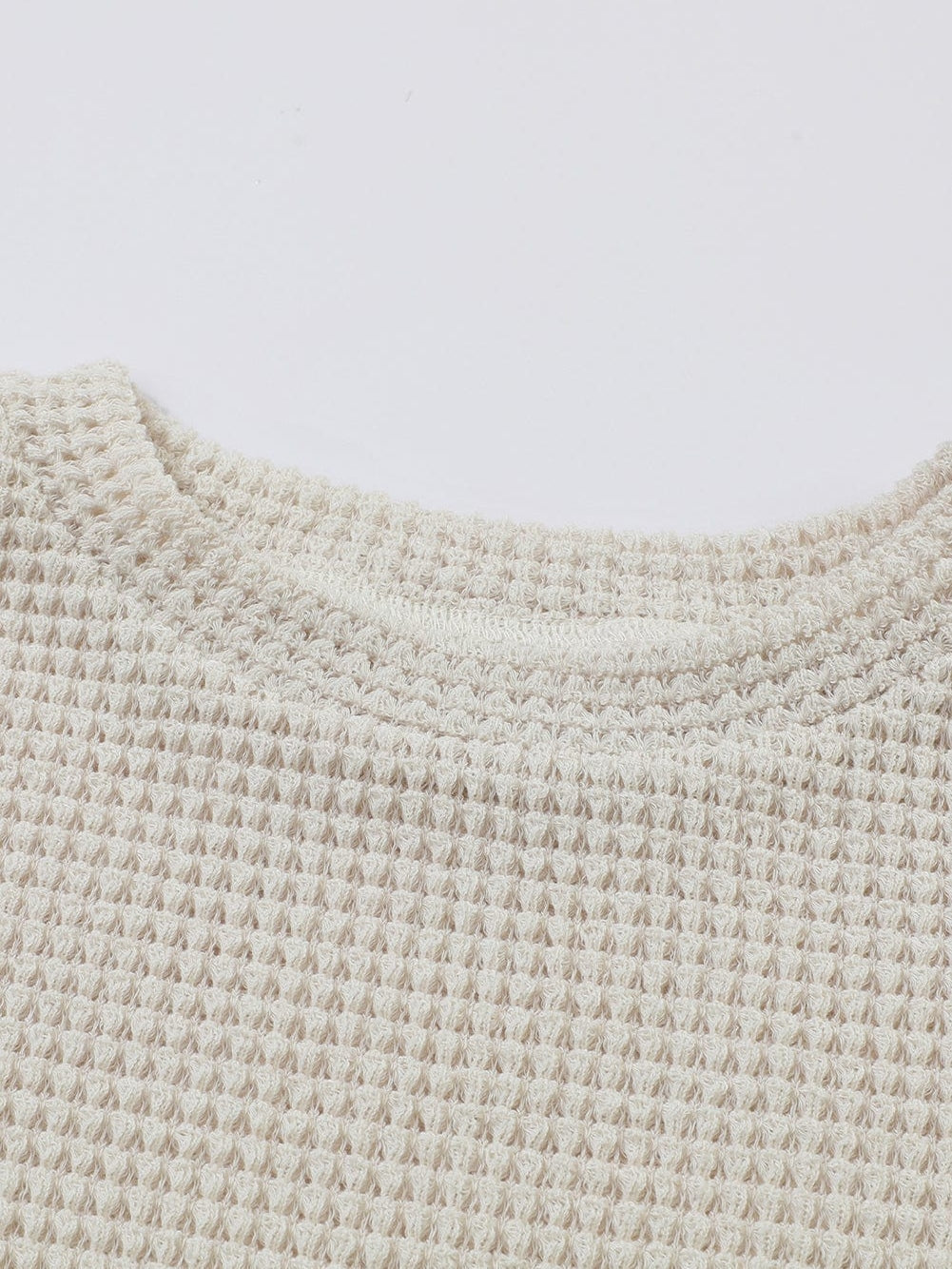 Beige Sunflower Mesh Bubble Sleeve Lace Detail Waffle Knit Top