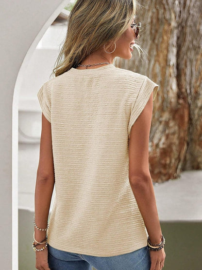 Beige Textured Crew Neck Batwing Sleeve T-Shirt with a Casual Twist