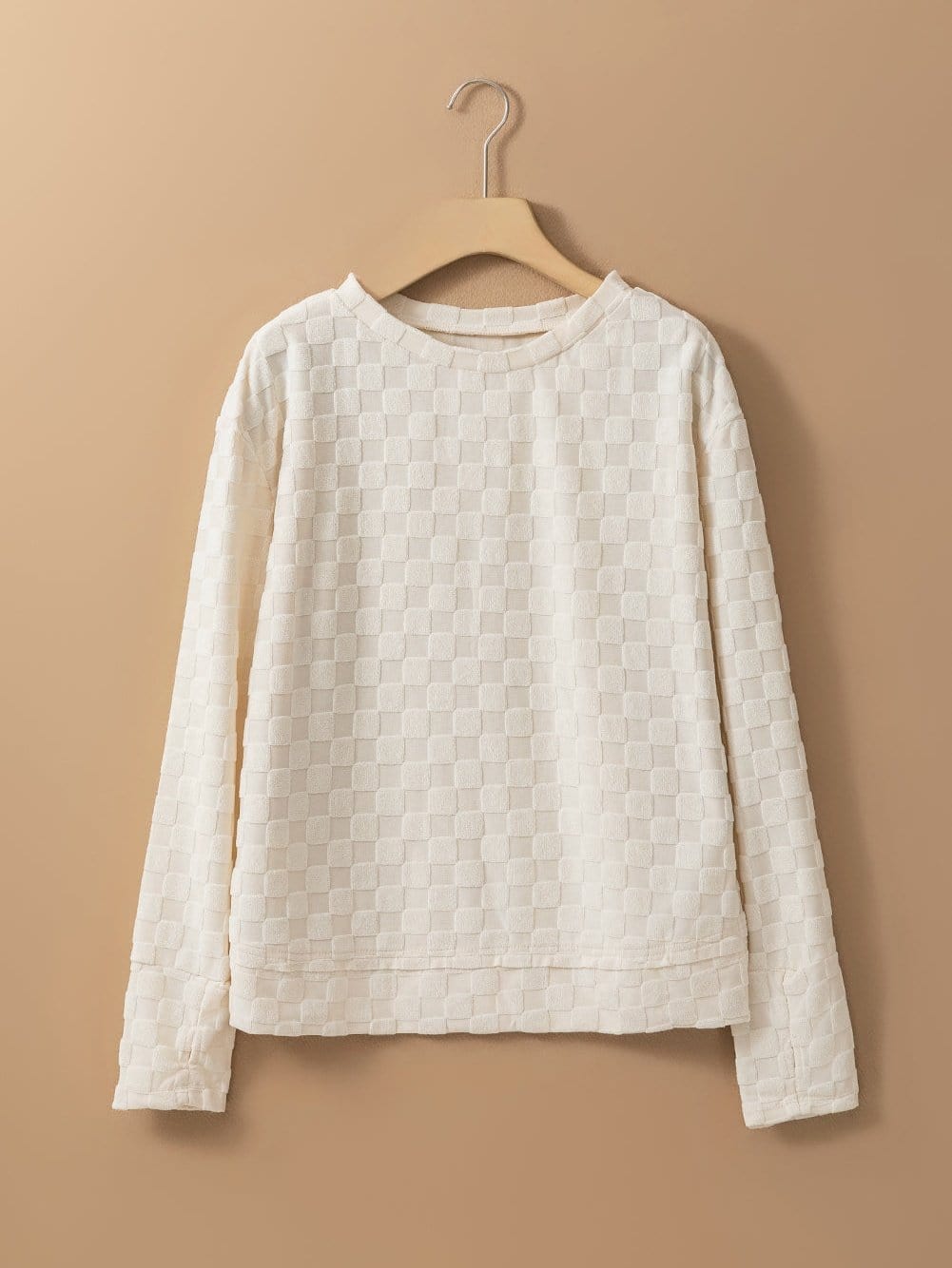 Beige Textured Crew Neck Top with Thumbhole Sleeves