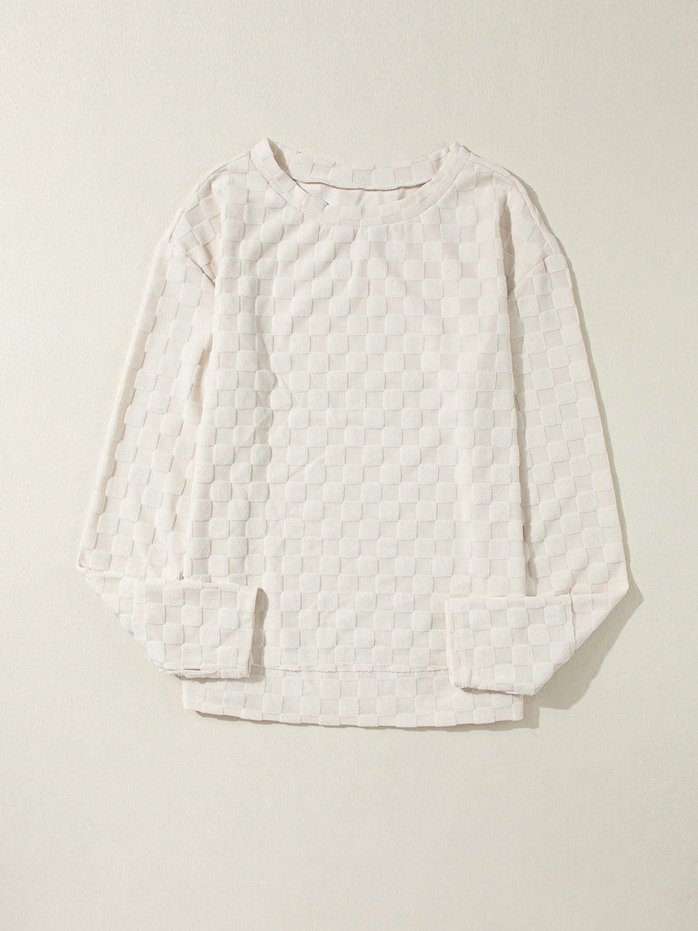 Beige Textured Crew Neck Top with Thumbhole Sleeves