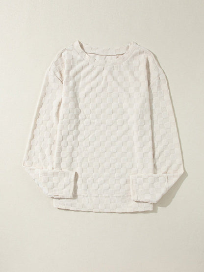 Beige Textured Crew Neck Top with Thumbhole Sleeves