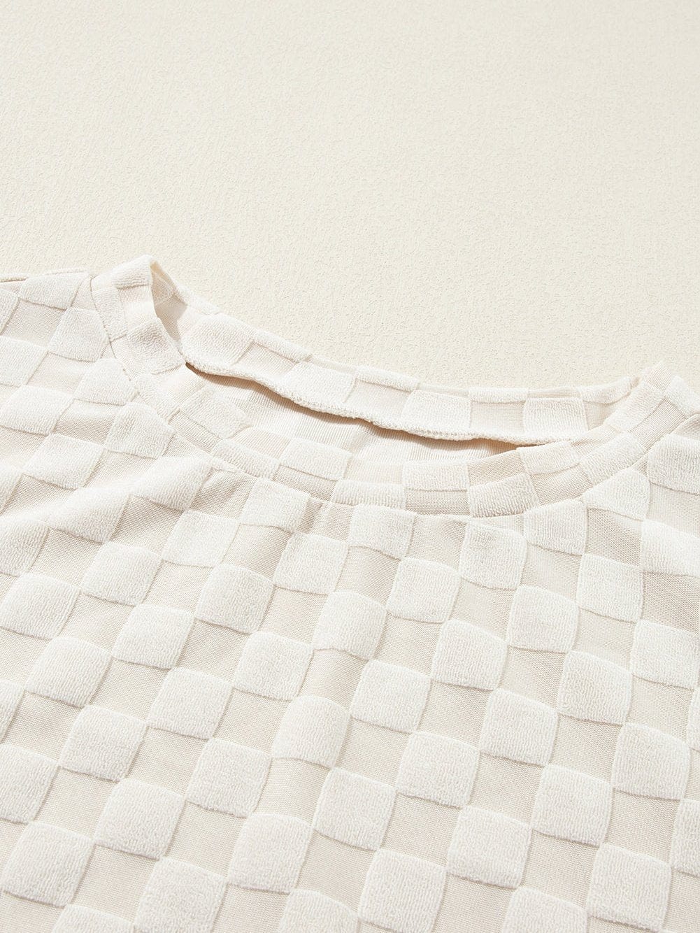 Beige Textured Crew Neck Top with Thumbhole Sleeves