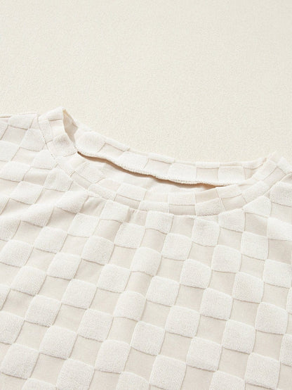 Beige Textured Crew Neck Top with Thumbhole Sleeves