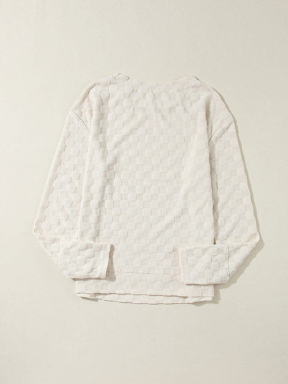 Beige Textured Crew Neck Top with Thumbhole Sleeves