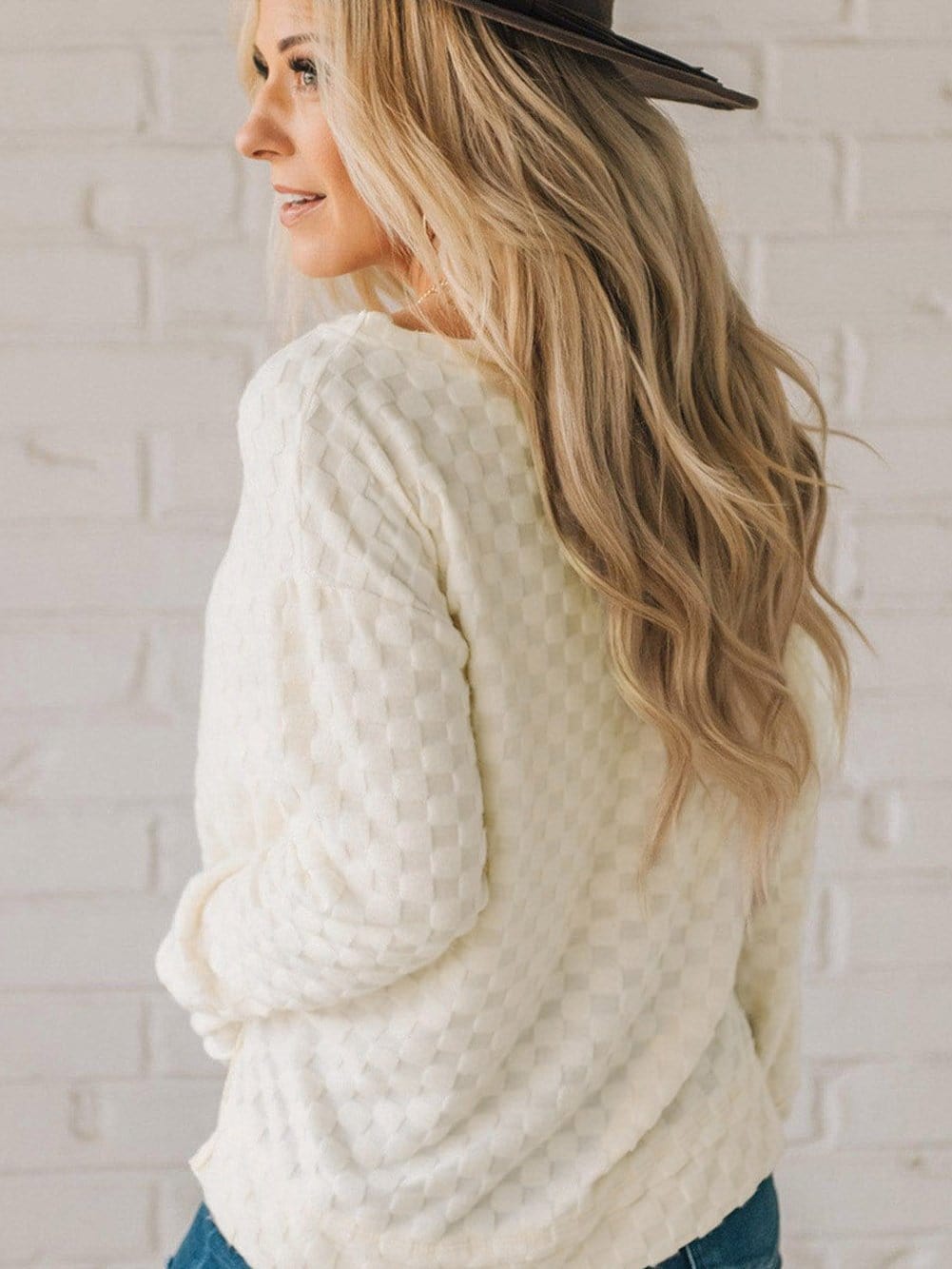 Beige Textured Crew Neck Top with Thumbhole Sleeves
