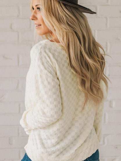 Beige Textured Crew Neck Top with Thumbhole Sleeves