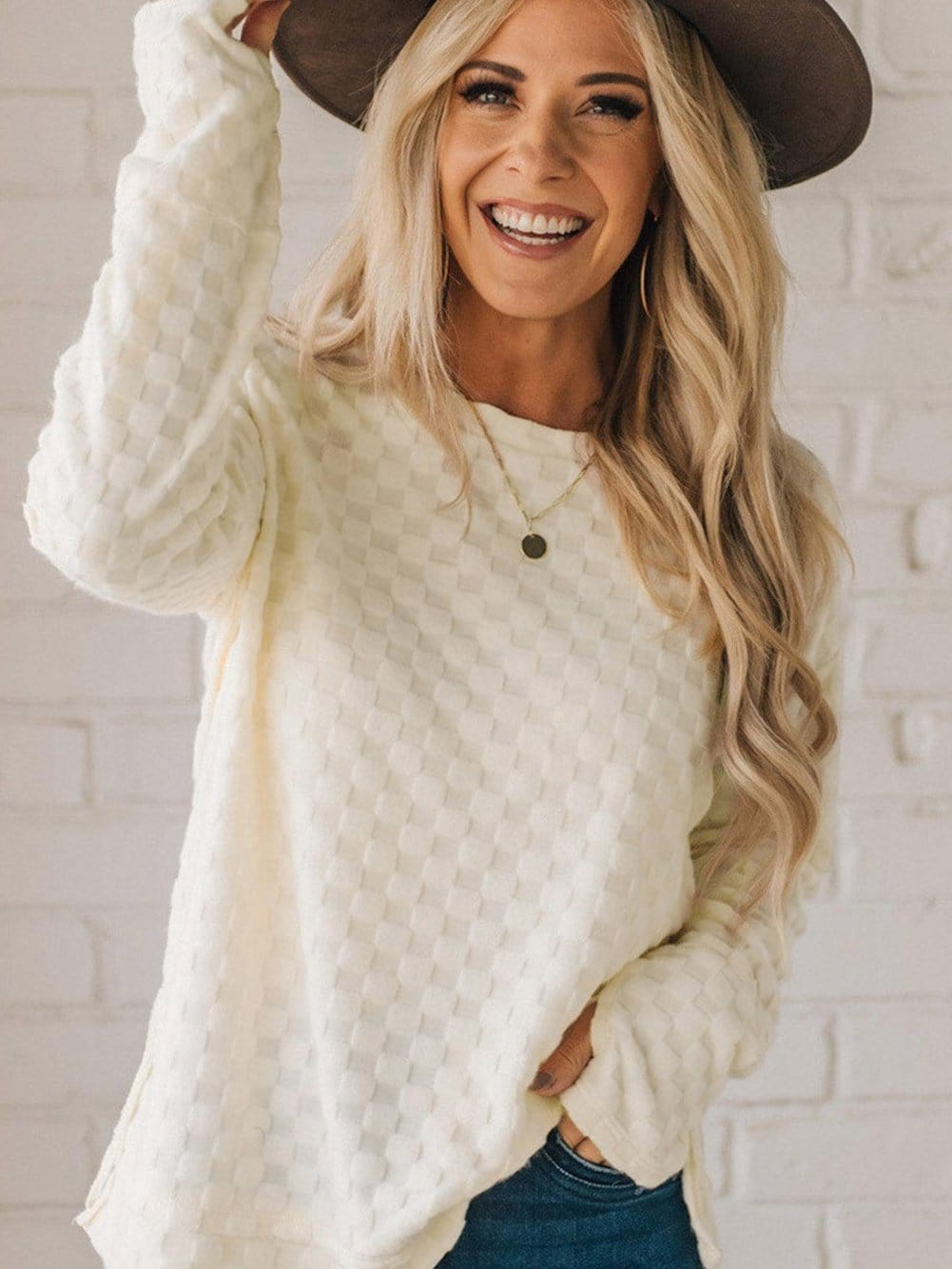 Beige Textured Crew Neck Top with Thumbhole Sleeves