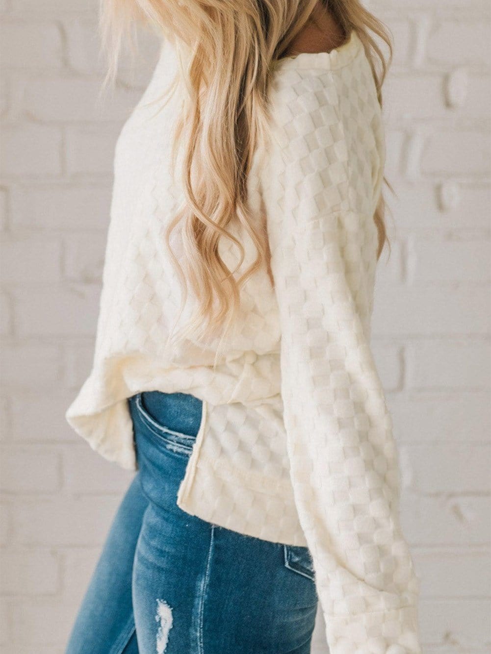Beige Textured Crew Neck Top with Thumbhole Sleeves