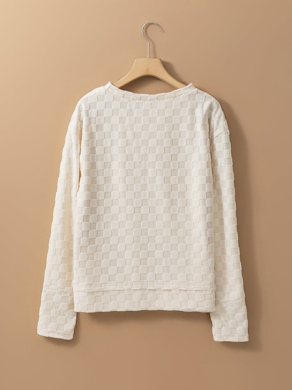 Beige Textured Crew Neck Top with Thumbhole Sleeves