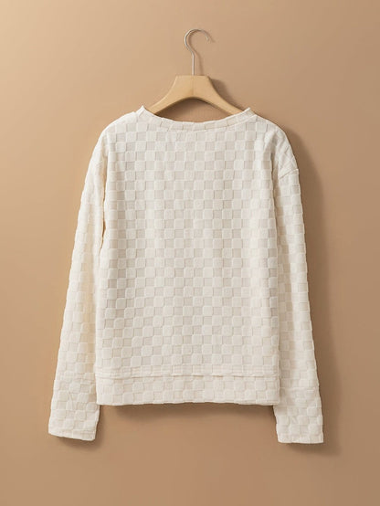 Beige Textured Crew Neck Top with Thumbhole Sleeves