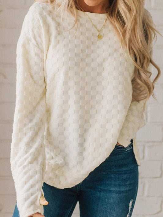 Beige Textured Crew Neck Top with Thumbhole Sleeves