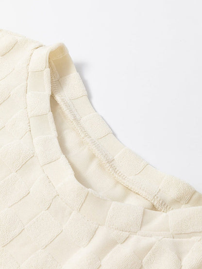 Beige Textured Crew Neck Top with Thumbhole Sleeves
