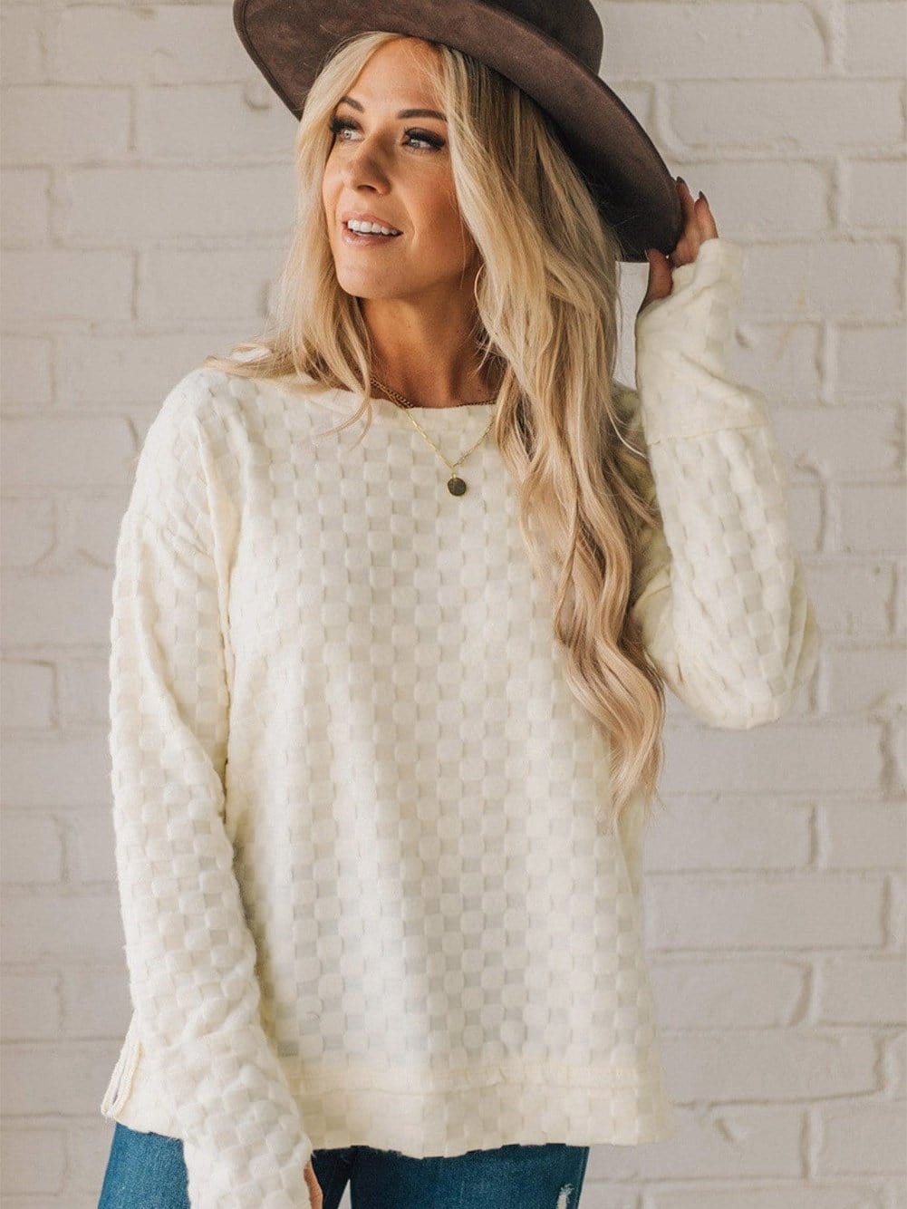 Beige Textured Crew Neck Top with Thumbhole Sleeves